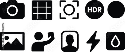 Black and white silhouette icons for photo editing features silhouette