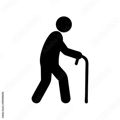Black minimalist elderly person walking icon for senior care signage.