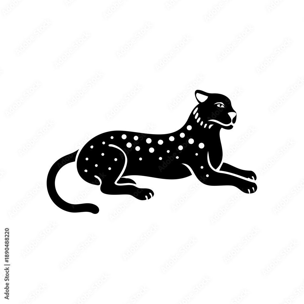 Fototapeta premium Black and white spotted cheetah silhouette resting, elegant wildlife logo.