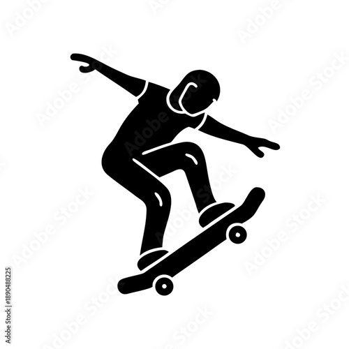 Black silhouette skateboarder jumping, extreme sports icon for urban branding.