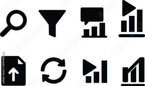 Black and white silhouette icons for data analysis and processing silhouette