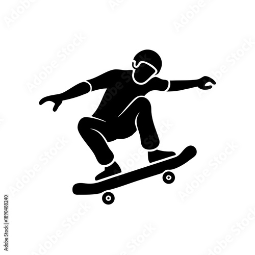 Black silhouette skateboarder performing jump trick, extreme sports graphic icon.