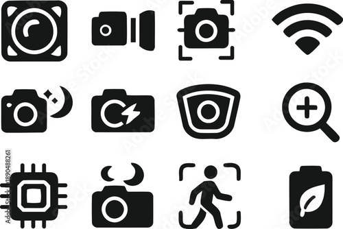Black and white silhouette camera and technology icons set