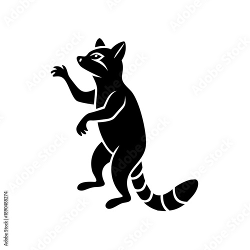 Black silhouette raccoon standing, minimalist animal mascot logo for wildlife design.