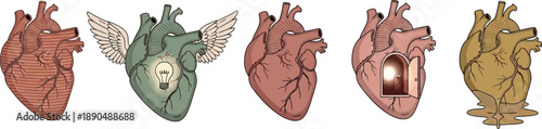 Set of human hearts. realistic anatomical design. light bulb inside. open door. wings attached. melting heart