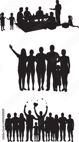 Diverse group of people silhouettes enjoying outdoor picnic and social gatherings on transparent background