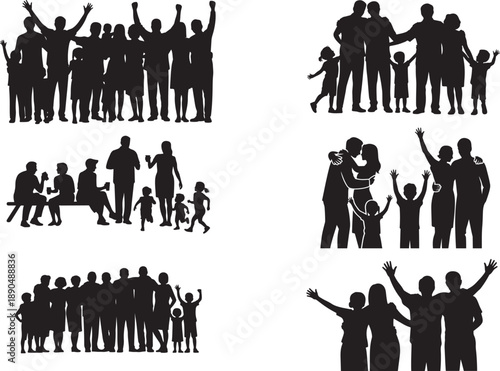 Diverse groups of people of varying ages are shown in silhouette celebrating and interacting together in various poses