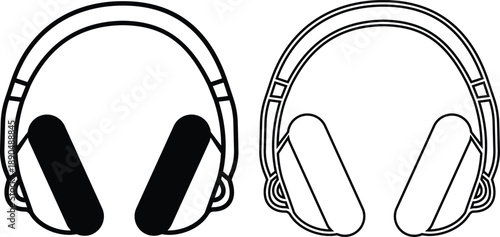 Headphones and headset icon set with flat and line style audio symbols, music listening sound wave call center headset icons in black monochrome vector illustration collection