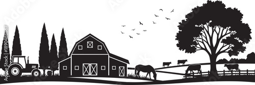 Black silhouette of a farm landscape with large barn tractor grazing horses and cattle under a leafy tree isolated on white background for agriculture