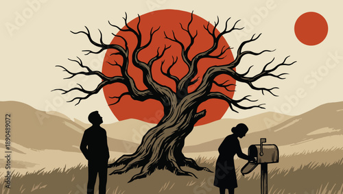 Solitary Figures Beneath a Twisted Tree with Red Sun – Stylized Landscape Illustration, tree illustration, leafless tree, twisted branches, dramatic landscape, stylized art, red sun, red-orange pic,