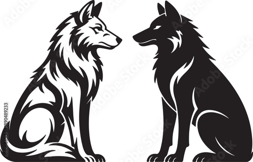 Two majestic stylized wolves sit facing each other in a striking black and white design