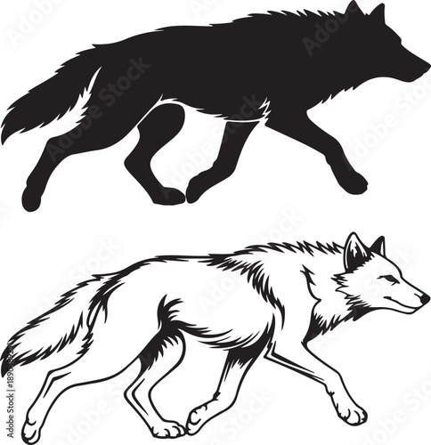 Two powerful running wolf illustrations shown as a solid black silhouette and a detailed line drawing