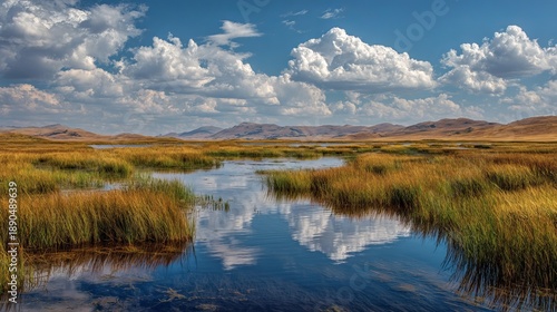 A serene landscape of a winding stream flowing through a grassy wetland under a blue sky with fluffy white clouds