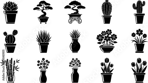 Potted Houseplants Silhouette Vector Icon Set