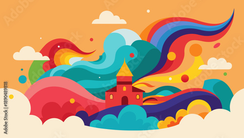 Colorful abstract illustration featuring a whimsical castle surrounded by vibrant waves and clouds against an orange background, creating a playful fantasy landscape