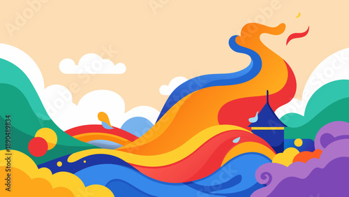 Colorful abstract landscape illustration featuring flowing waves of vibrant colors with stylized clouds and a small tower structure in a whimsical setting