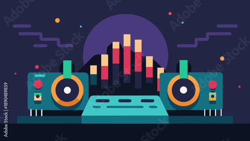 Colorful digital illustration of a DJ setup featuring turntables, a mixer, and sound wave graphics against a dark background with abstract shapes
