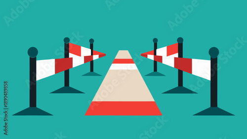 Illustration of a roadblock with red and white barriers on either side of a clear pathway, set against a solid turquoise background