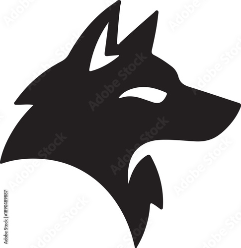 A sleek black silhouette of a wolfs head in profile against a clean white background