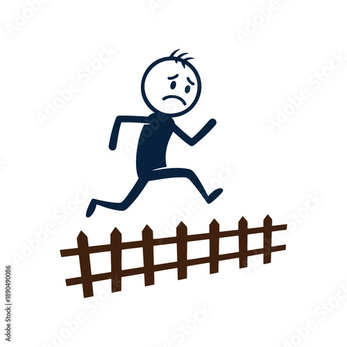 Stick figure man cartoon, sad face, jumping over a picket fence, Simple, minimalist t-shirt illustration.