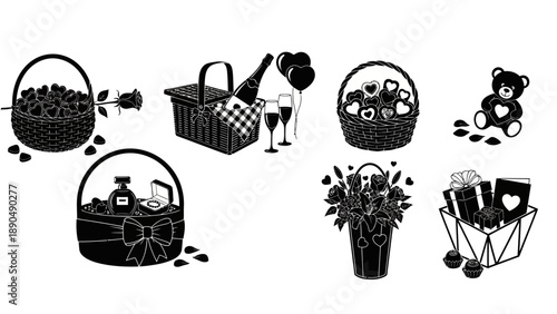A collection of picnic baskets and accessories depicted in a simple black and white illustration style from a straightforward viewpoint