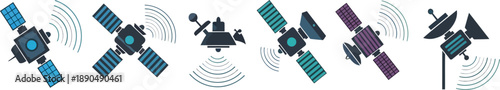 Set of satellite icons communicating, space technology, digital communication network vector illustration