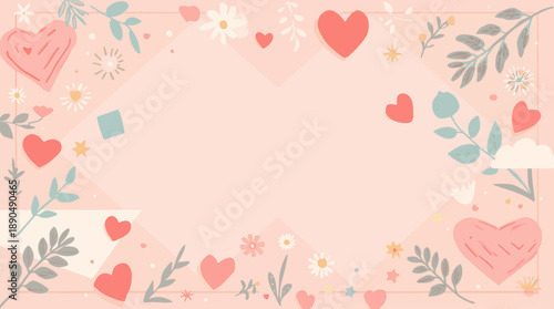 Vector template Valentine background with flat design, featuring pastel colors, geometric shapes, and elegant typography, incorporating hearts