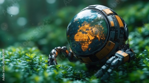 High-tech spherical robot with glowing digital world map nestled in lush green foliage, symbolizing global technology and environmental connection.