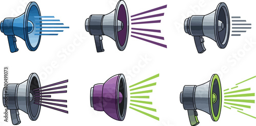 Set of six colorful megaphones with sound waves, various angles and colors, isolated on transparent background