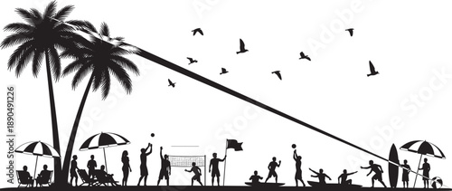 Black silhouette of people enjoying summer beach activities including volleyball surfing swimming and relaxing under palm trees isolated on white background for tropical vacation
