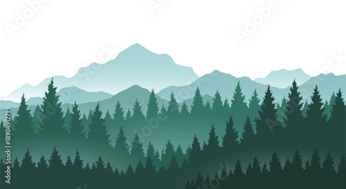 Foggy mountains landscape background. Smoky and rocky panorama with mountains skyline and pine tree forest silhouettes. Scenery with slopes, vector cartoon illustration