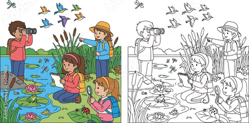 Children Exploring Nature at a Pond Educational Outdoor Activity for Kids