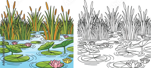 Konstfotografi Cartoon Pond Landscape with Lily Pads Water Lilies and Cattails Nature Scene