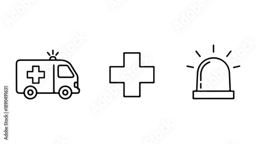 Ambulance, cross, and siren icons representing medical emergency services isolated on white background, Vector, illustration