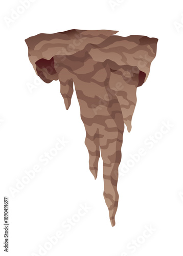 Stalactite. Icicle shaped hanging mineral formations in cave. Nature brown limestone, material stone icon. Natural growth geology formations