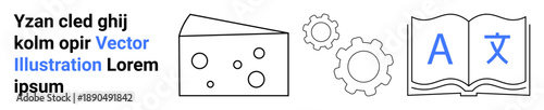 Business concepts, language learning, knowledge, education tools, industry processes, creativity. Cheese with holes, cogs and open book with symbols. Language learning and knowledge