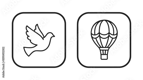 Dove and hot air balloon icons in a simple line art style isolated on white background, Vector, illustration