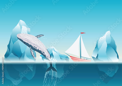 Whale jumping under the blue ocean surface near icebergs. Winter arctic vector illustration. Iceland