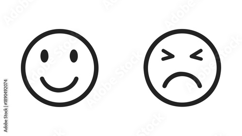 Happy and sad face icons side by side representing emotions isolated on white background, Vector, illustration