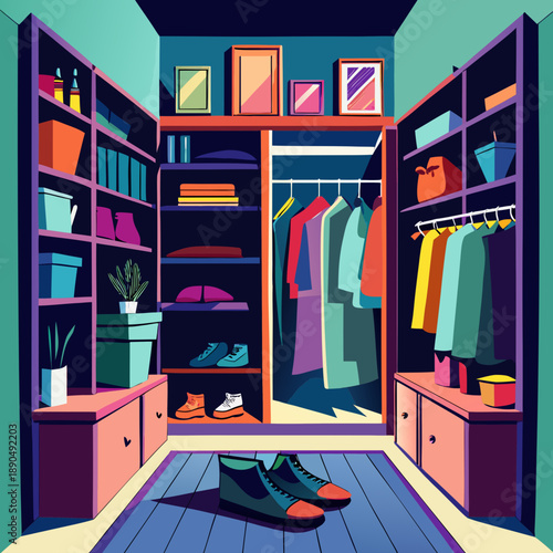 Colorful Walk-In Wardrobe Closet Interior Vector Illustration