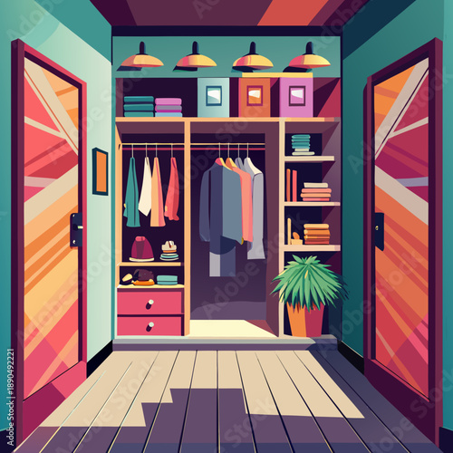 Walk-In Closet Interior with Shelves and Hanging Clothes Vector Illustration