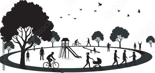Black silhouette of an urban park and playground with people walking cycling pushing strollers and children playing on a slide under large leafy trees