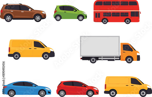 Collection of city vehicles including double decker bus truck delivery van suv and compact cars cad drawing flat vector illustration