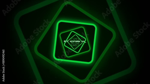 A close-up of neon green geometric shapes with glowing pentagram symbols against a black backdrop, captured from a centered perspective in illustration
