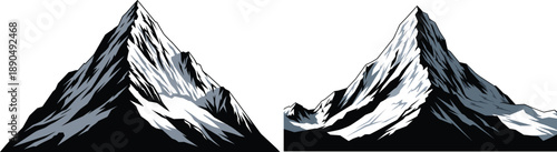 Twin majestic snowcapped mountain peaks with dramatic shadows and high contrast ridges cad drawing flat vector illustration isolated on white