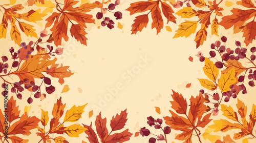 Vector illustration featuring a set of vibrant autumn leaves in shades of orange, yellow, and red, accompanied by an assortment of berries in deep purple