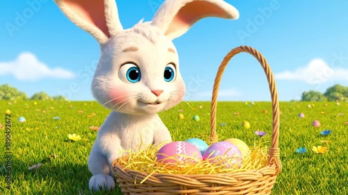 Cute easter bunny holding an egg and bringing it to a basket outside on a spring day with clear blue sky
