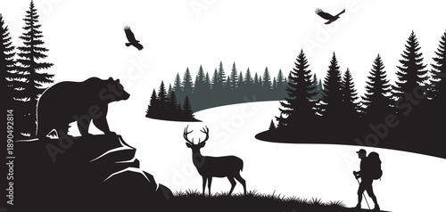 Black silhouette of wild nature landscape with forest river bear deer and hiker with backpack isolated on white background for adventure and wildlife concept
