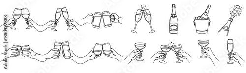 Minimalist Line Art of Hands Toasting with Glasses in Celebration, cheers, toast, clinking glasses, celebration, hand drawn, line art, outline, sketch, doodle, minimalist, people hands, hand gestures,