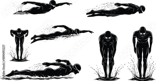 Set of black swimmer silhouettes isolated on white background featuring athletes diving into water and performing various swimming strokes strokes